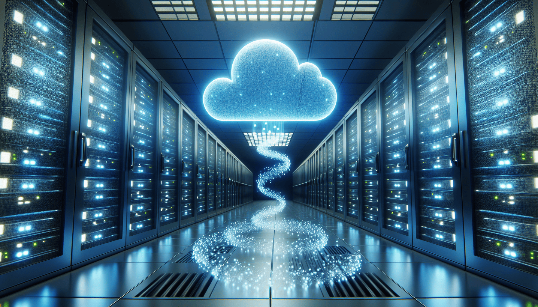 Illustration of data center servers being migrated to a cloud environment