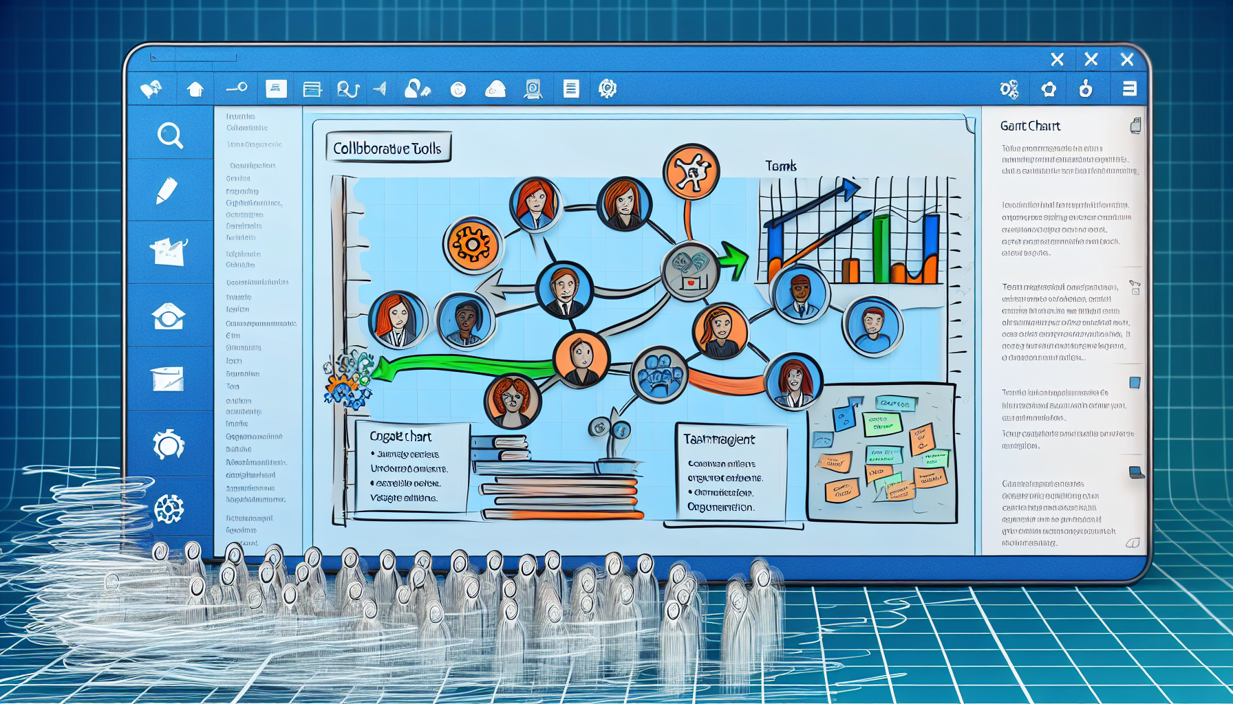 Project Management Software interface with collaborative tools and Gantt chart