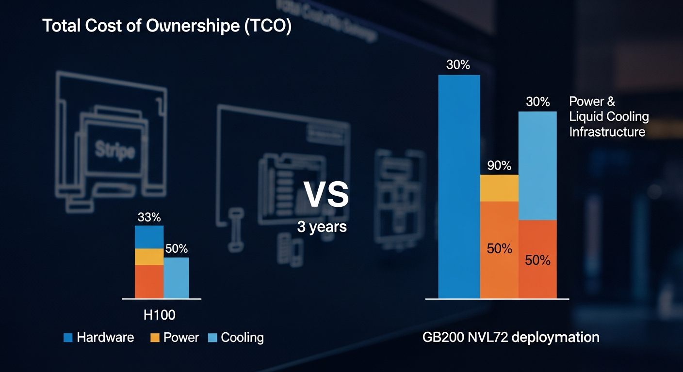 An infographic comparing the Total Cost of Ownership (TCO) over 3 years for an H100 deployment vs. a GB200 NVL72 deployment. The H100 bar is smaller, with slices for Hardware, Power, and Cooling. The GB200 bar is 3x taller, with the 'Power & Liquid Cooling Infrastructure' slice dominating over 50% of the total cost. - 