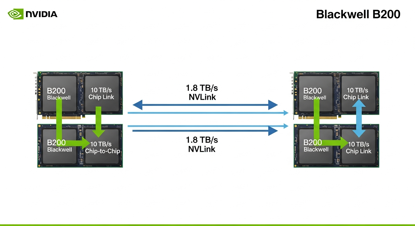 A technical architecture diagram showing two Blackwell B200 GPUs. Arrows labeled '1.8 TB/s NVLink' connect them. Each GPU is shown as two dies connected by an internal arrow labeled '10 TB/s Chip-to-Chip Link'. The diagram has a clean, white background with blue and green accents, in the style of a professional NVIDIA whitepaper. - 