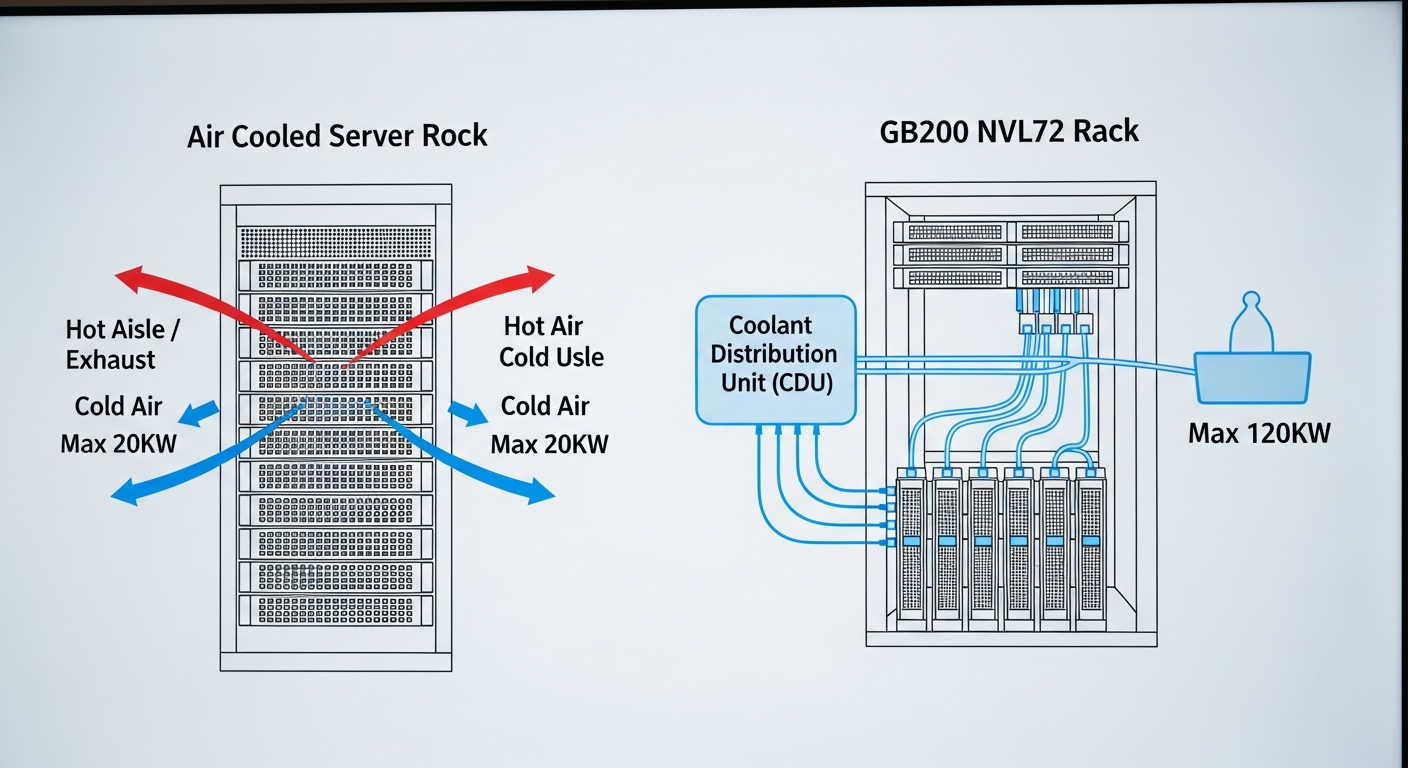 A side-by-side comparison diagram. On the left, an air-cooled server rack with 'Hot Aisle / Cold Aisle' labels and red/blue arrows showing airflow, labeled 'Max 20kW'. On the right, a liquid-cooled GB200 NVL72 rack with tubes running to each blade, connected to a large 'Coolant Distribution Unit (CDU)', labeled 'Max 120kW'. - 
