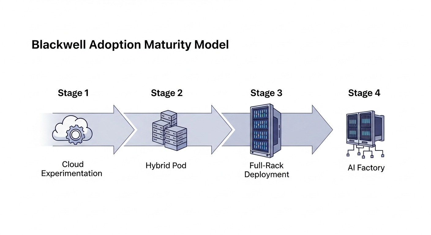 A professional diagram of the 'Blackwell Adoption Maturity Model'. It's a 4-stage horizontal arrow. Stage 1: 'Cloud Experimentation', Icon: Cloud with a gear. Stage 2: 'Hybrid Pod', Icon: Small server cluster. Stage 3: 'Full-Rack Deployment', Icon: A single, large liquid-cooled rack. Stage 4: 'AI Factory', Icon: Multiple interconnected racks. - 