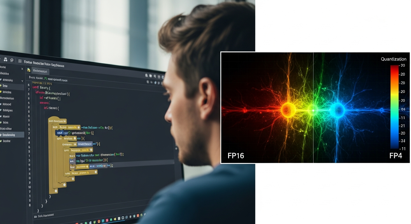 A split-screen image. On the left, a developer is looking at the Python code block above on a dark-mode IDE. On the right, a visualization of a neural network, with the weights changing color from a vibrant 'FP16' to a more compressed, cooler 'FP4' color, indicating quantization. - 