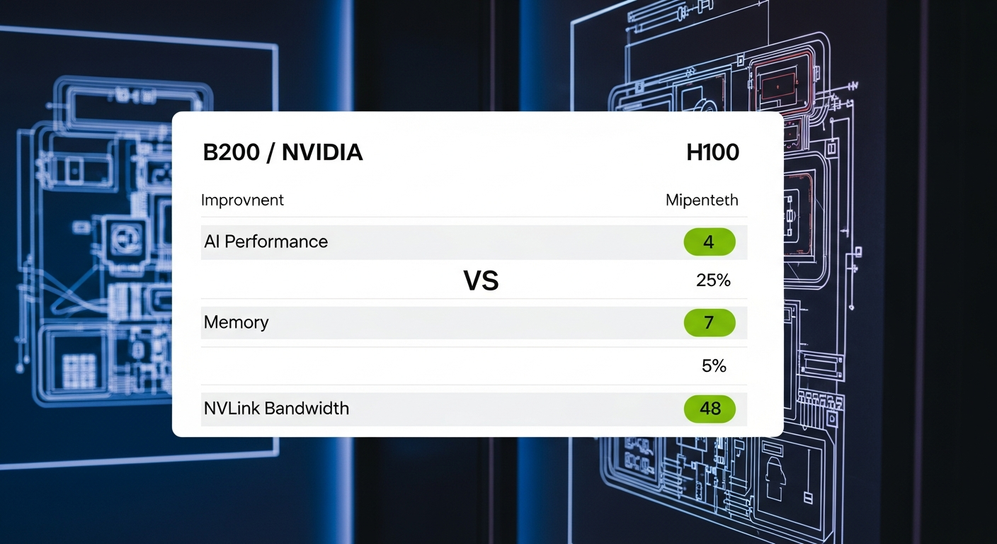 A clean, modern data table comparing the NVIDIA B200 and H100, using the data provided in the brief. The key improvements on the B200 side (AI Performance, Memory, NVLink Bandwidth) should be highlighted in green. - 