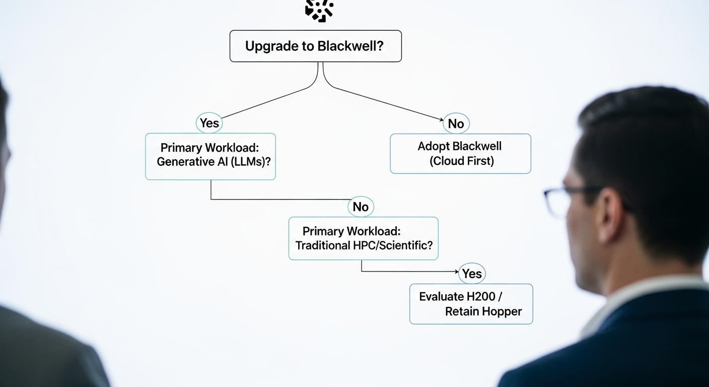 A strategic diagram showing a decision tree. The main question is 'Upgrade to Blackwell?'. One branch is 'Primary Workload: Generative AI (LLMs)?'. If yes, it leads to 'Adopt Blackwell (Cloud First)'. If no, it leads to 'Primary Workload: Traditional HPC/Scientific?'. If yes, it leads to 'Evaluate H200 / Retain Hopper'. - 