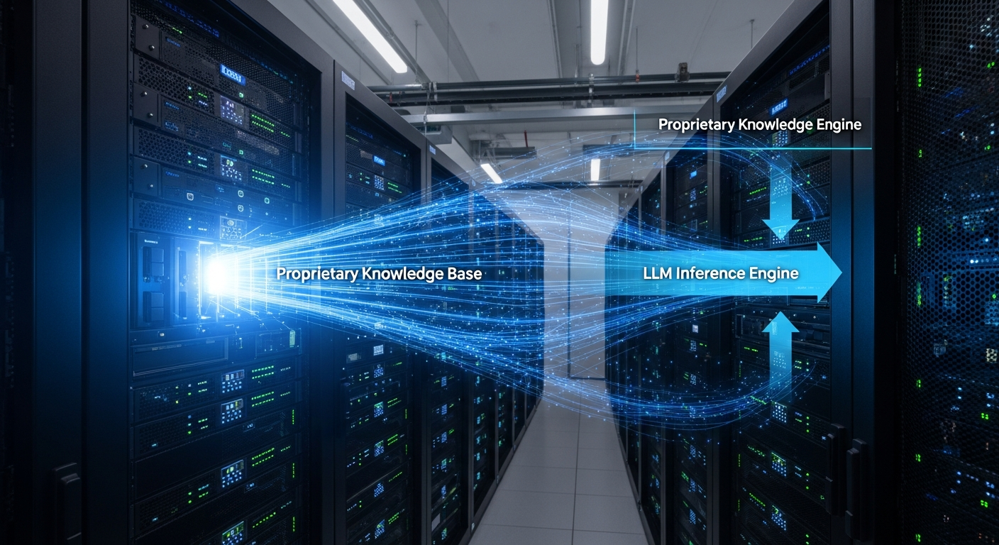 A wide, cinematic shot of a modern data center server rack. One server is glowing with blue light, with holographic data streams flowing out of it, labeled 'Proprietary Knowledge Base', and into another server labeled 'LLM Inference Engine'. The style is sleek, photorealistic, and professional. - 