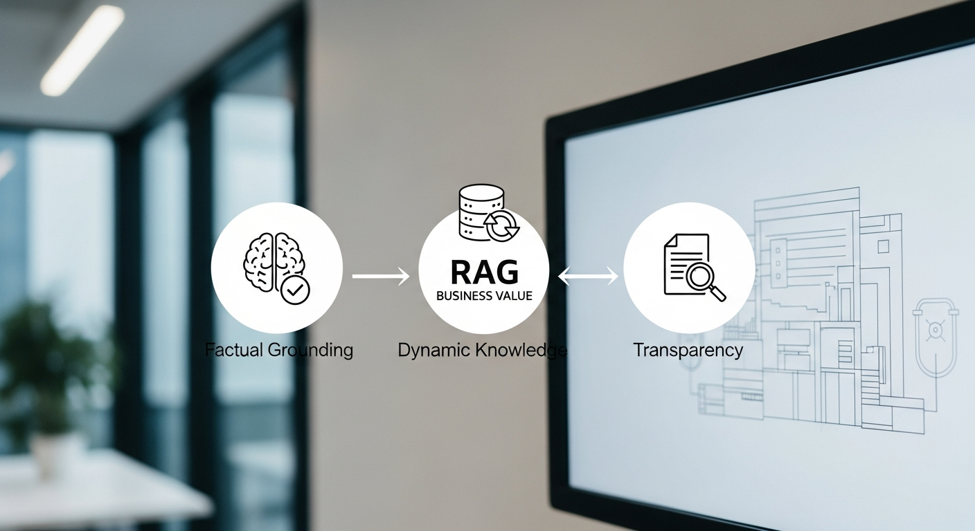 A clean, minimalist infographic with three icons. Icon 1: A brain with a checkmark, labeled 'Factual Grounding'. Icon 2: A database with a refresh symbol, labeled 'Dynamic Knowledge'. Icon 3: A document with a magnifying glass, labeled 'Transparency'. Arrows connect them to a central logo that says 'RAG Business Value'. - 