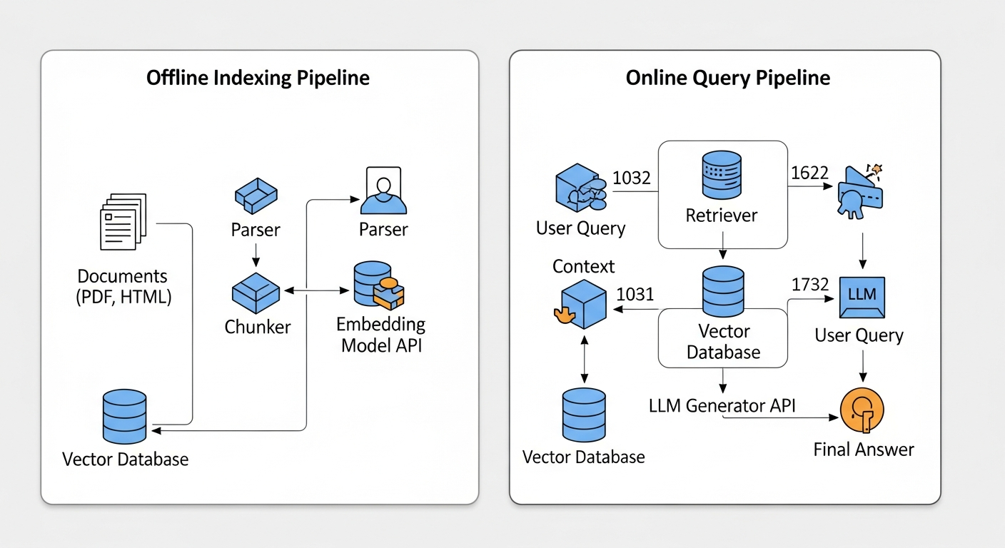 A professional architecture diagram in the style of AWS or GCP diagrams. On the left, a box labeled 'Offline Indexing Pipeline' shows icons for 'Documents (PDF, HTML)', an arrow to 'Parser', an arrow to 'Chunker', an arrow to 'Embedding Model API', and a final arrow to a 'Vector Database'. On the right, a box labeled 'Online Query Pipeline' shows a 'User Query' arrow to a 'Retriever' which queries the 'Vector Database', which then sends 'Context' and the 'User Query' to an 'LLM Generator API', which produces the 'Final Answer'. - 