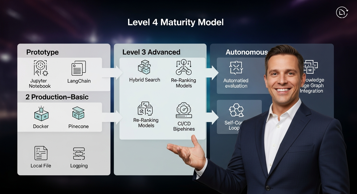 A diagram of a 4-level maturity model. Level 1: 'Prototype' with icons for Jupyter Notebook, LangChain, and a local file. Level 2: 'Production-Basic' with icons for Docker, Pinecone, and basic logging. Level 3: 'Advanced' with icons for hybrid search, re-ranking models, and CI/CD pipelines. Level 4: 'Autonomous' with icons for automated evaluation, self-correcting loops, and knowledge graph integration. The diagram should be clean, corporate, and easy to read. - 