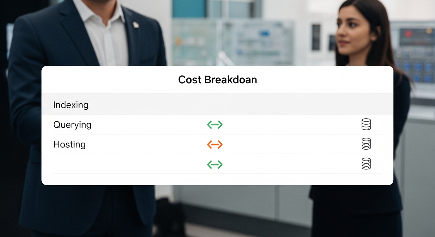 A clean, modern data table visualizing the cost breakdown below. Use icons for each category: a one-time arrow for Indexing, a repeating arrow for Querying, and a server icon for Hosting. - 