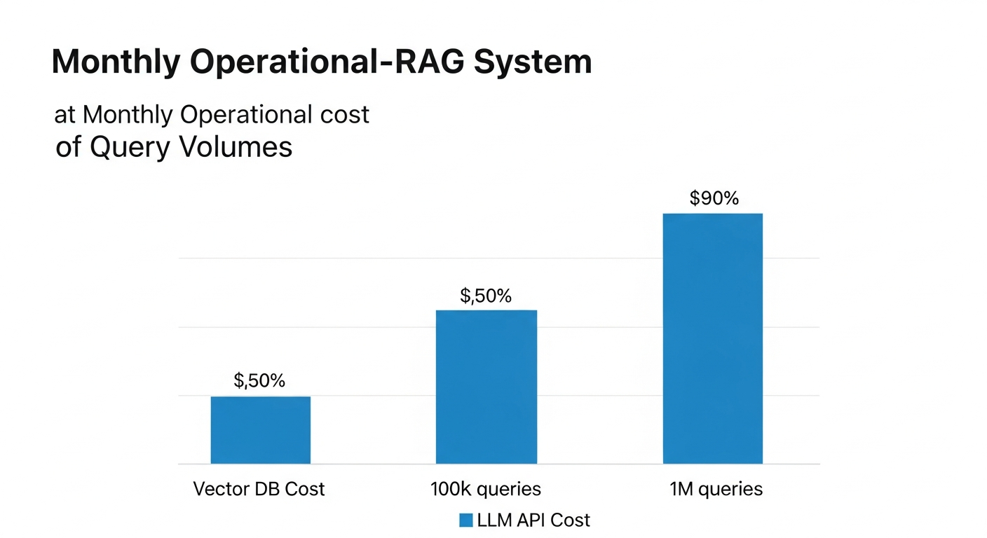 A bar chart comparing the monthly operational cost of a RAG system at different query volumes: 10k queries, 100k queries, and 1M queries. The bars should be broken down into 'Vector DB Cost' and 'LLM API Cost', showing how the API cost dominates at scale. - 