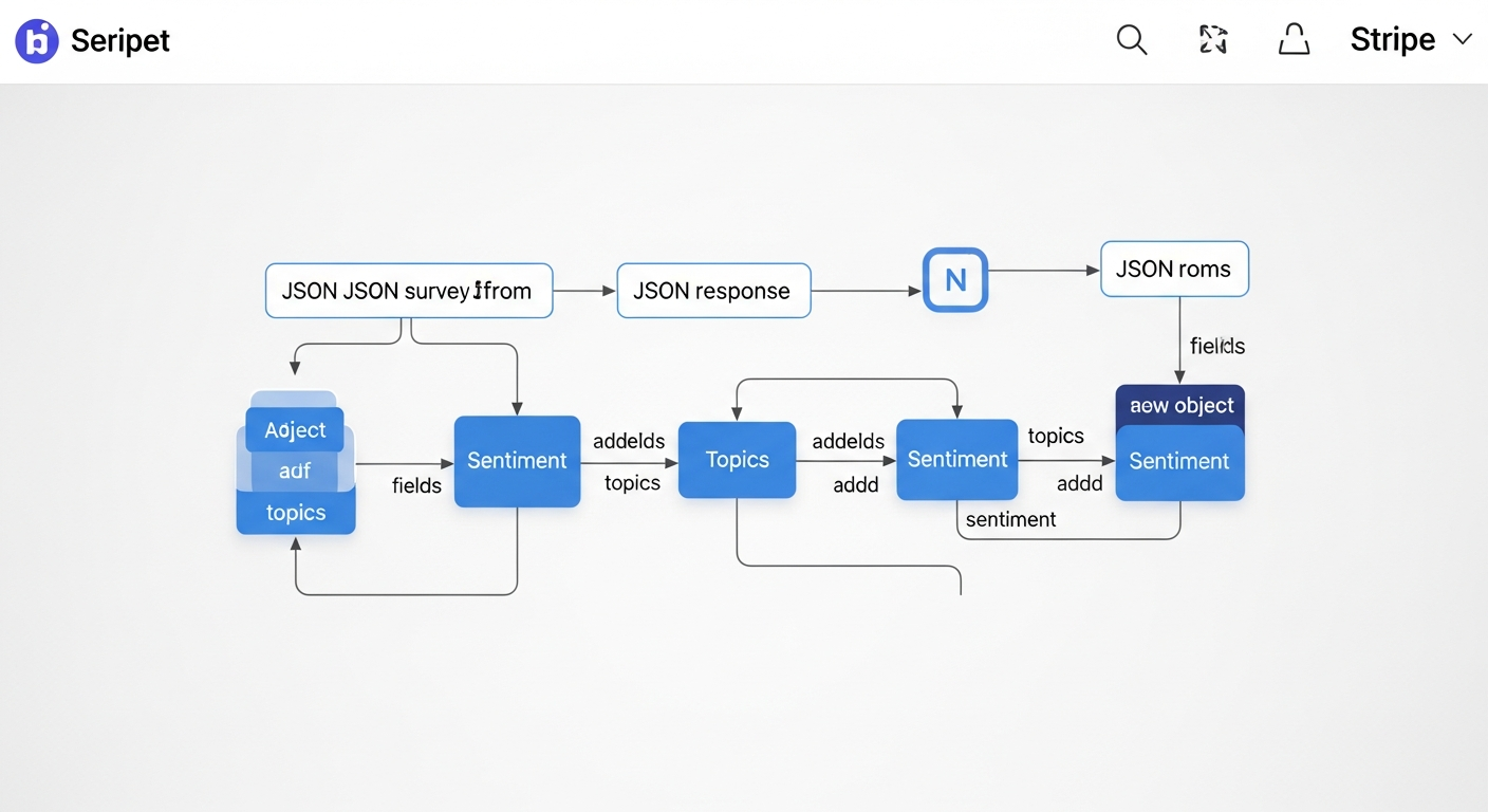 A detailed data flow diagram illustrating a single JSON object from a survey response moving through each stage of the pipeline, showing how fields like 'sentiment' and 'topics' are added at each step.