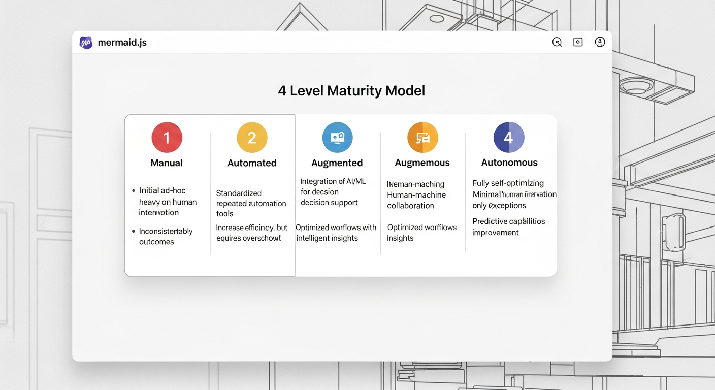 A Mermaid.js diagram of a 4-level maturity model. Level 1: Manual. Level 2: Automated. Level 3: Augmented. Level 4: Autonomous. Each level has 2-3 bullet points describing its characteristics.
