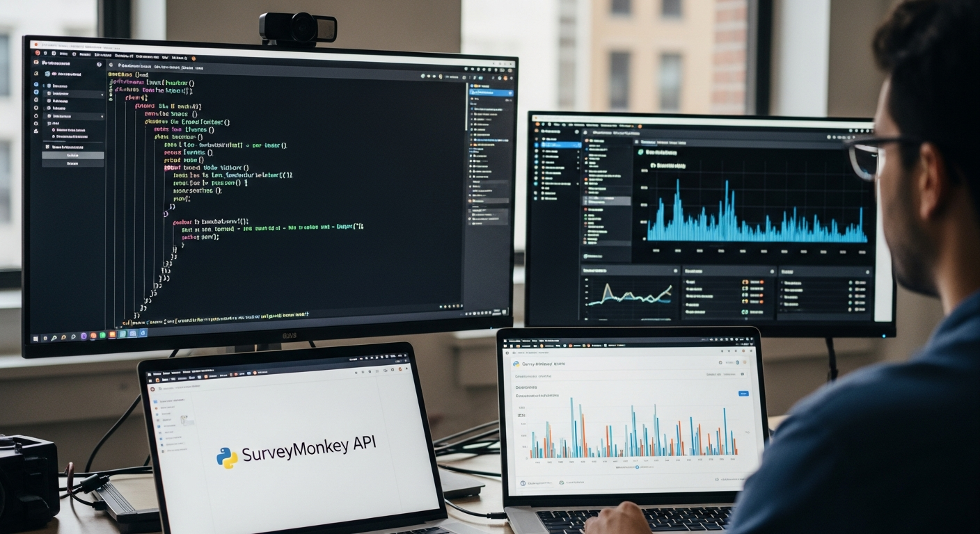 A developer's desk setup (a 'lab setup'). A large monitor displays the Python code from the snippet. A second monitor shows a Grafana dashboard with sentiment trend charts. A laptop is open to the SurveyMonkey API documentation.