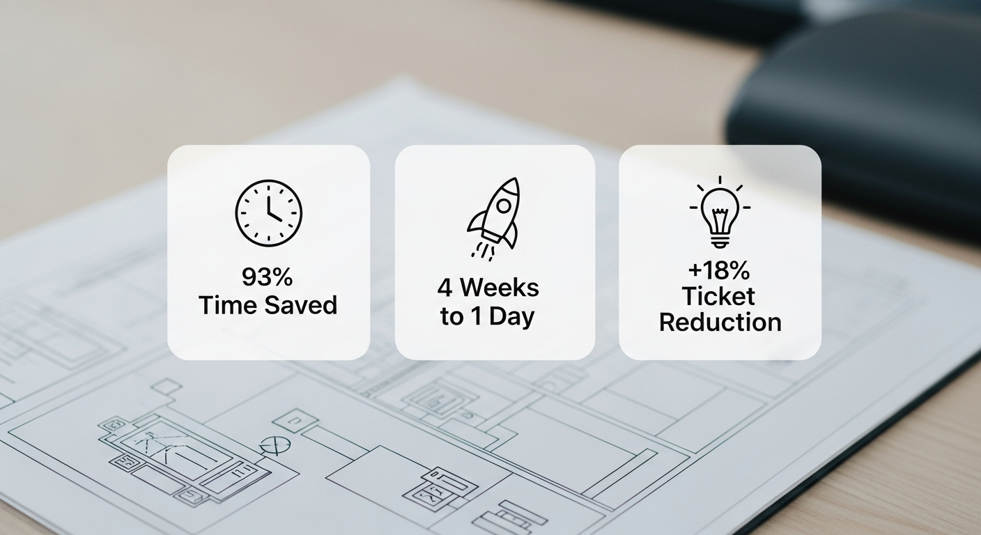 A clean, corporate-style infographic showing three key metrics: a clock icon with '93% Time Saved', a rocket icon with '4 Weeks to 1 Day', and a lightbulb icon with '+18% Ticket Reduction'.
