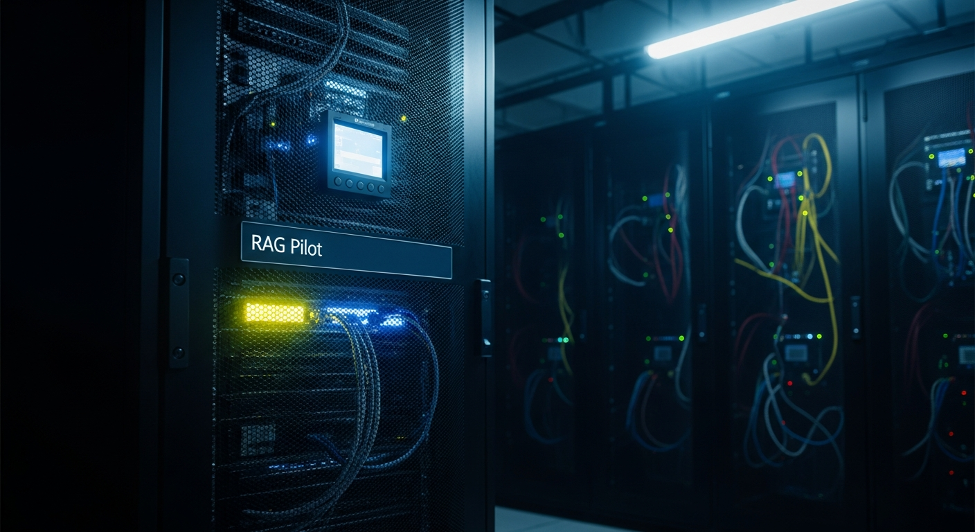 A dramatic, cinematic photo of a single, glowing server rack labeled 