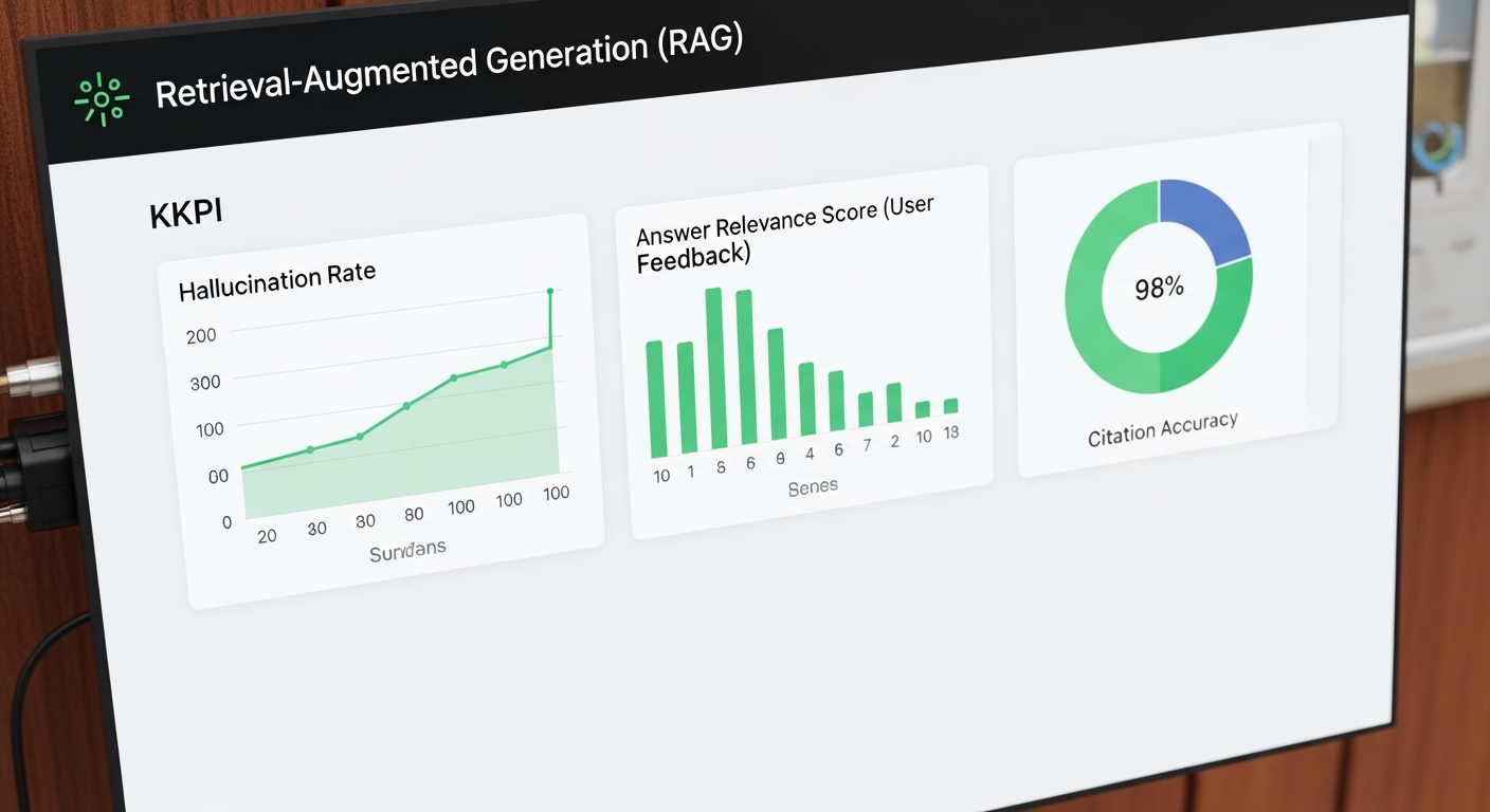 A sleek, modern dashboard UI showing KPIs for a RAG system. Three main widgets are visible: a line graph titled 'Hallucination Rate' showing a steep decline over time, a bar chart titled 'Answer Relevance Score (User Feedback)' with predominantly green bars, and a pie chart titled 'Citation Accuracy' showing 98% success. - 