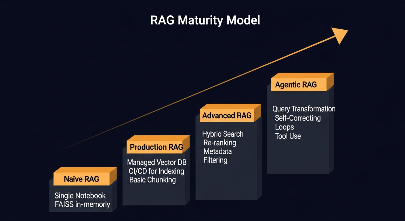 A professional diagram of the 'RAG Maturity Model'. It shows four ascending stages on a staircase. Stage 1: 'Naive RAG' (Single Notebook, FAISS in-memory). Stage 2: 'Production RAG' (Managed Vector DB, CI/CD for Indexing, Basic Chunking). Stage 3: 'Advanced RAG' (Hybrid Search, Re-ranking, Metadata Filtering). Stage 4: 'Agentic RAG' (Query Transformation, Self-Correcting Loops, Tool Use). - 