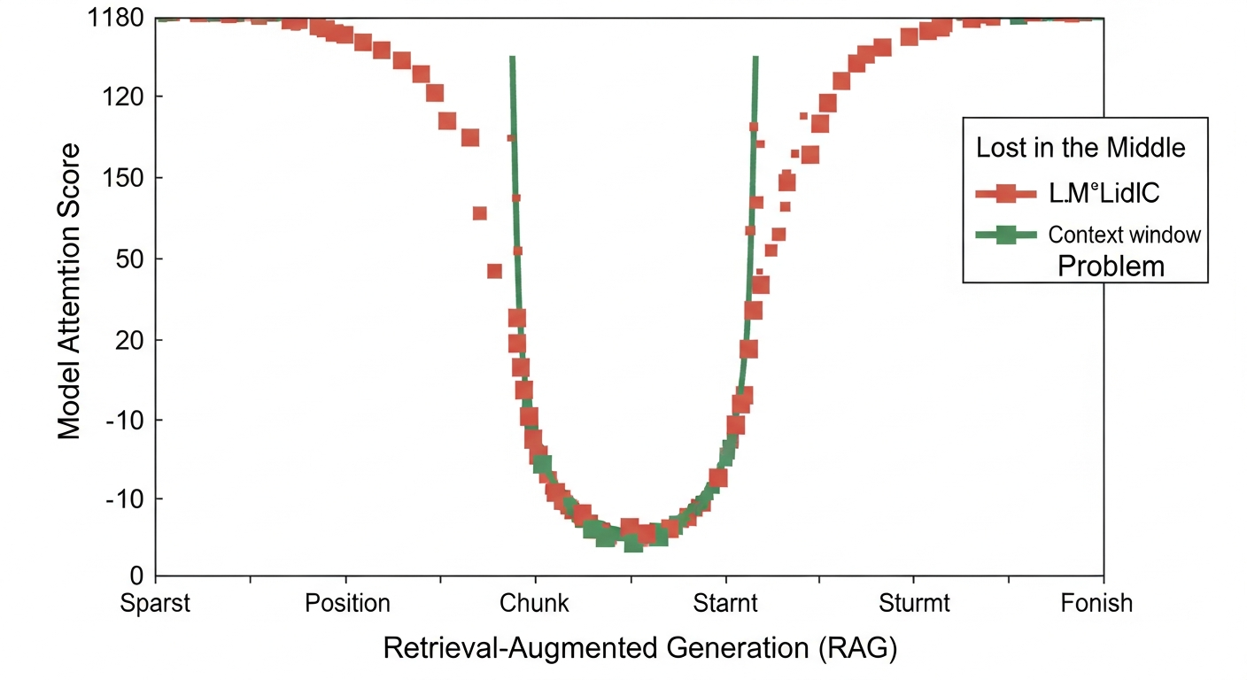A line graph illustrating the 'Lost in the Middle' problem. The X-axis represents the position of a chunk within the LLM's context window (from start to finish). The Y-axis represents 'Model Attention Score'. The graph forms a 'U' shape, with high attention at the start and end, and a significant dip in the middle. - 
