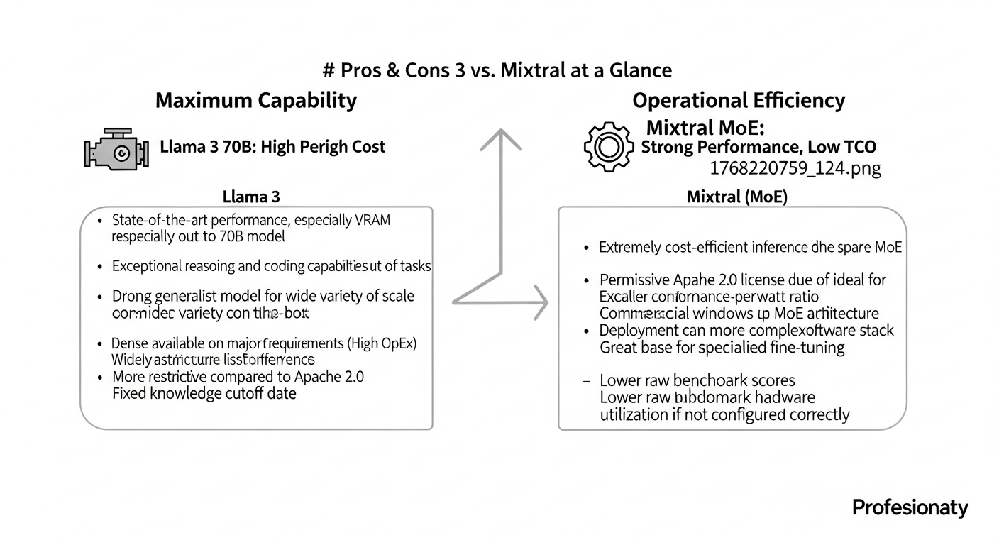 A visually appealing 2x2 matrix based on the Mermaid.js chart above. The X-axis is 'Operational Cost & Complexity' (Low to High). The Y-axis is 'Required Performance' (Low to High). Place 'Llama 3 70B' in the top-right (High Performance, High Cost). Place 'Mixtral 8x22B' in the space between top-right and bottom-right, labeled 'Efficient Power'. Place 'Mixtral 8x7B' and 'Llama 3 8B' in the bottom-left quadrant 'Commodity Scale'. Use corporate logos for Meta and Mistral next to the model names. - 