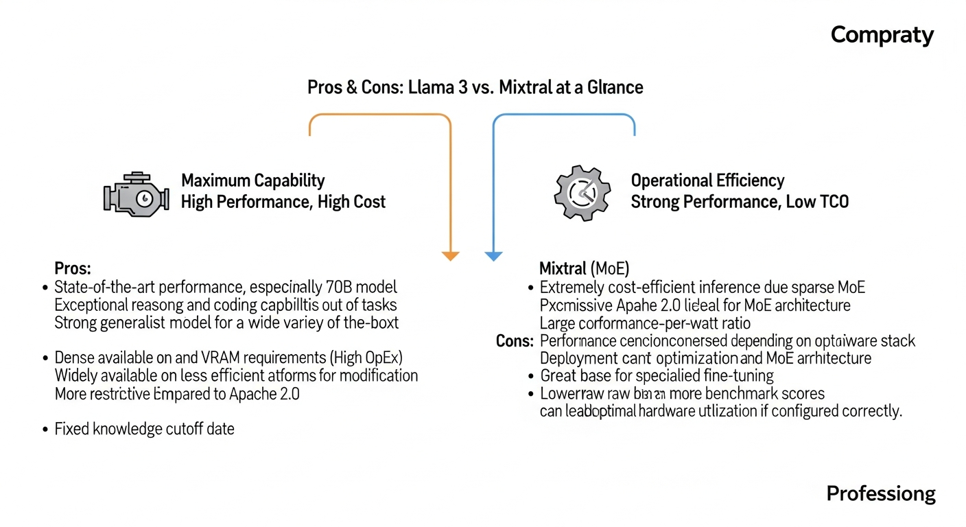 A clear, side-by-side architectural diagram. On the left, 'Dense Architecture (Llama 3)' shows a single large, solid block labeled '70B Parameters' with an arrow 'Input Token' pointing to it and 'All Parameters Activated' text. On the right, 'Sparse MoE Architecture (Mixtral)' shows a 'Router' block that directs an 'Input Token' arrow to 2 out of 8 smaller blocks labeled 'Expert Networks', while the other 6 are grayed out. Labeled 'Only Active Experts Consume Compute'. Use a clean, technical diagram style. - 