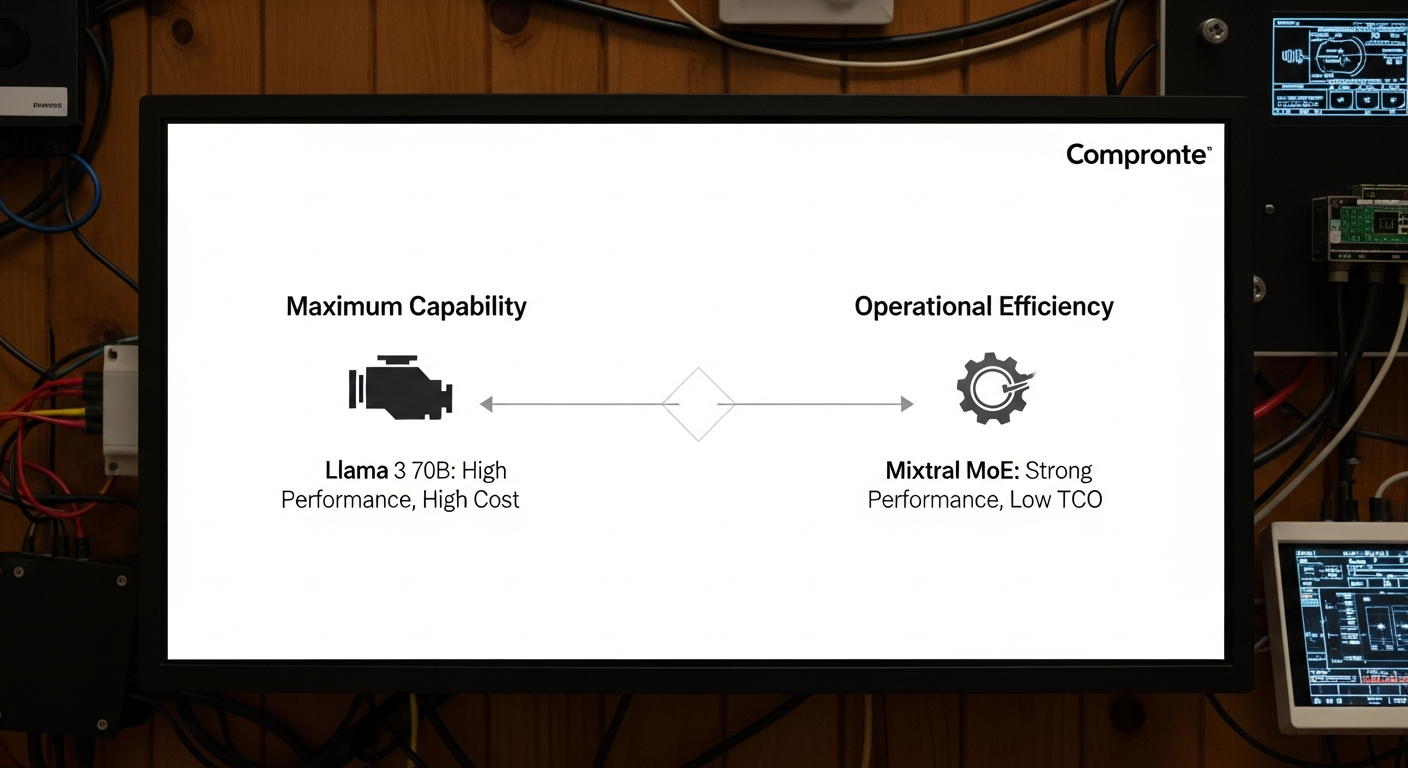 A minimalist and clean infographic with two diverging paths. The left path is labeled 'Maximum Capability' with a large, powerful engine icon, leading to a box that says 'Llama 3 70B: High Performance, High Cost'. The right path is labeled 'Operational Efficiency' with a sleek, efficient gear icon, leading to a box that says 'Mixtral MoE: Strong Performance, Low TCO'. Professional, corporate branding, on a white background. - 